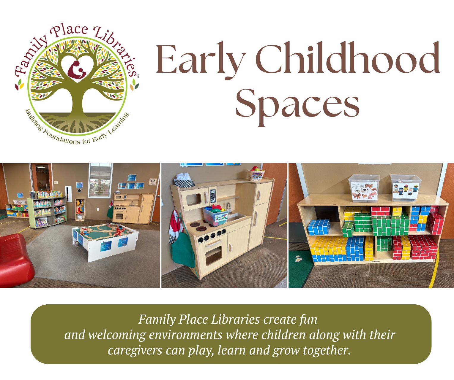 Family Place Library Early Childhood Spaces. Family Place Libraries crate fun and welcoming environments where children along with their caregivers can play, learn and grow together.